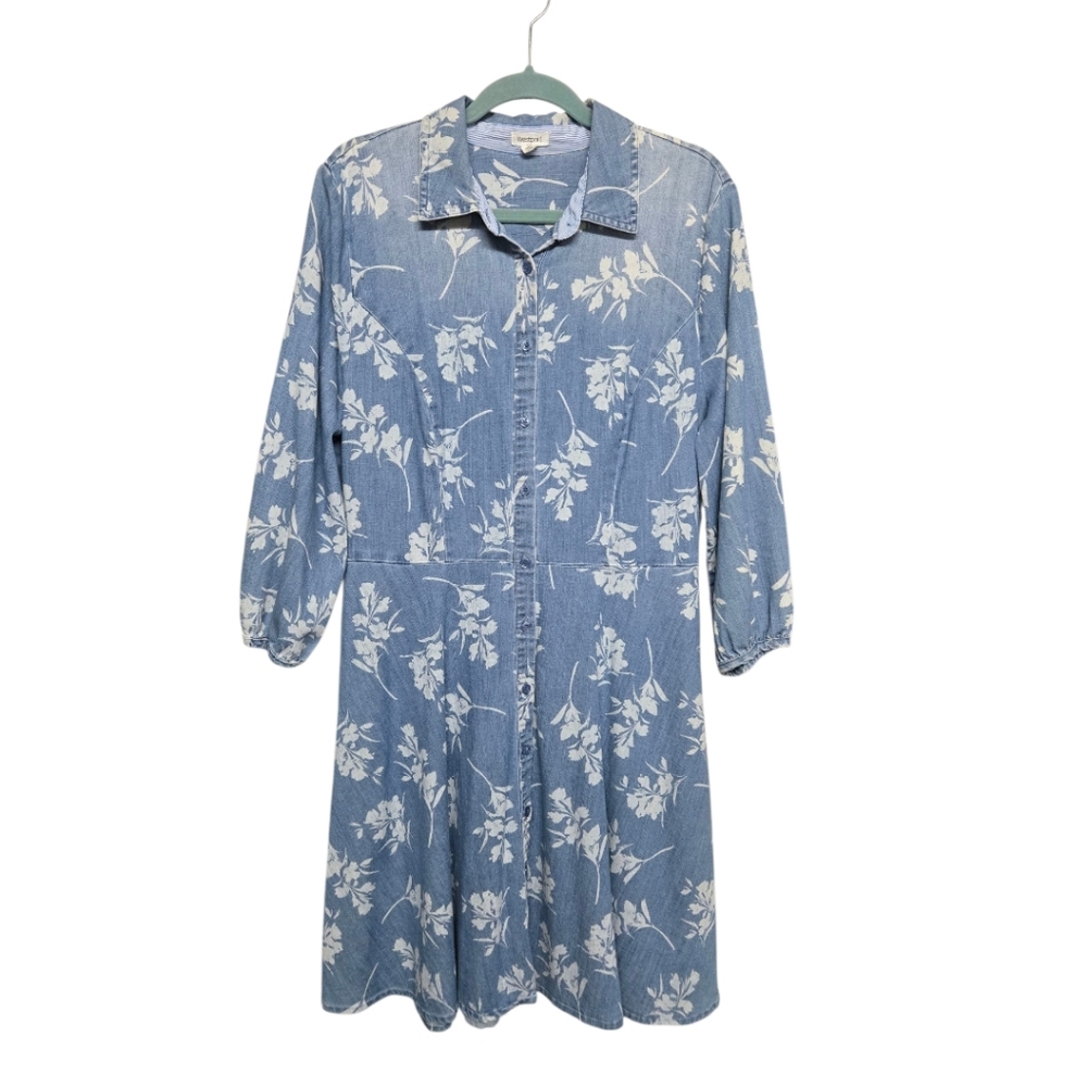 Westport Chambray Long Sleeve Floral Print Dress Sz 16 / XL White & Blue